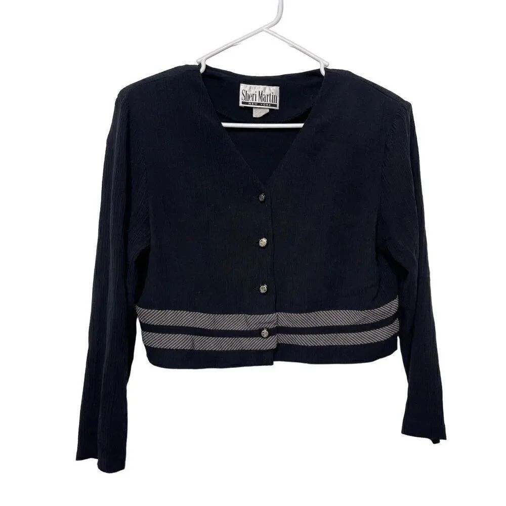 Vintage Sheri Martin Cropped Cardigan Women’s Black with White Stripes